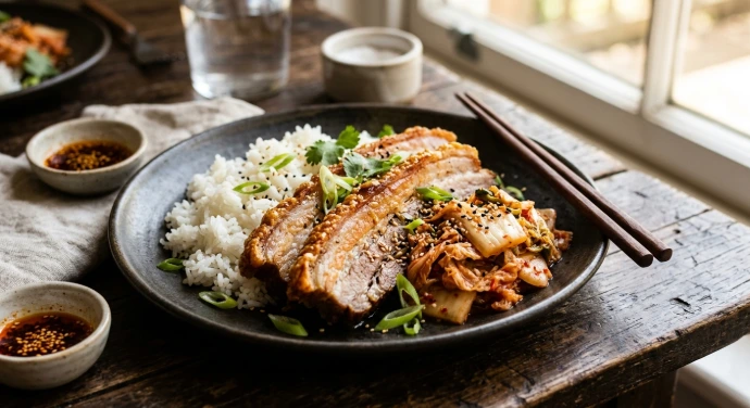 Knuspriger Schweinebauch mit Reis und PANJANS Kimchi auf einem rustikalen Keramikteller. Knuspriger Schweinebauch mit Reis und PANJANS Kimchi auf einem rustikalen Keramikteller.
