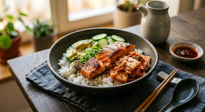 Kimchi-Bowl mit Lachs, Avocado, Reis und PANJANS Kimchi in einer Keramikschüssel.