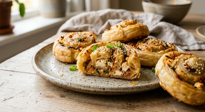 Knusprige Kimchi-Feta-Schnecken mit Blätterteig mit sichtbarer Feta-Kimchi-Füllung auf einem rustikalen Teller. Knusprige Kimchi-Feta-Schnecken mit Blätterteig mit sichtbarer Feta-Kimchi-Füllung auf einem rustikalen Teller.