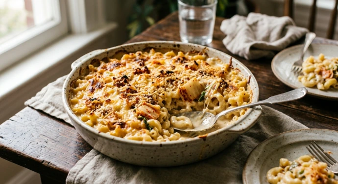 Cremiger Mac and Cheese-Auflauf mit geschmolzenem Käse und sichtbar integriertem PANJANS Kimchi in einer Keramikform. Cremiger Mac and Cheese-Auflauf mit geschmolzenem Käse und sichtbar integriertem PANJANS Kimchi in einer Keramikform.
