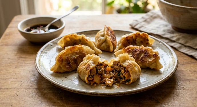 Gebratene koreanische Mandu mit Kimchi-Hackfleisch-Füllung und Dip auf einem rustikalen Teller. Gebratene koreanische Mandu mit Kimchi-Hackfleisch-Füllung und Dip auf einem rustikalen Teller.