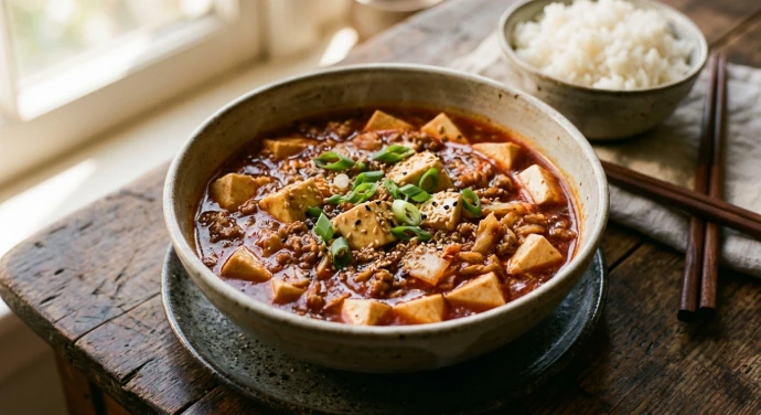 Mapo Tofu mit PANJANS Kimchi, würziger Sauce und Seidentofu in einer Schale mit Reis serviert.