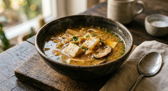 Kimchi-Miso-Suppe mit Tofu, Shiitake-Pilzen und PANJANS Kimchi in einer Keramikschale.