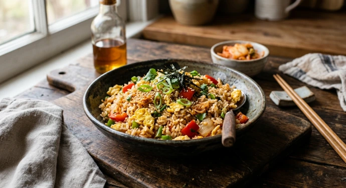 Kimchi-Bratreis mit Ei, Gemüse und PANJANS Kimchi in einer Keramikschale angerichtet.