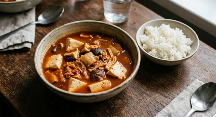 Kimchi-Eintopf mit Tofu, Pilzen und Reis in einer rustikalen Keramikschale.
