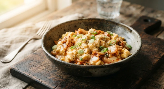 Kimchi-Rührei mit PANJANS Kimchi und Frühlingszwiebeln in einer Schale serviert