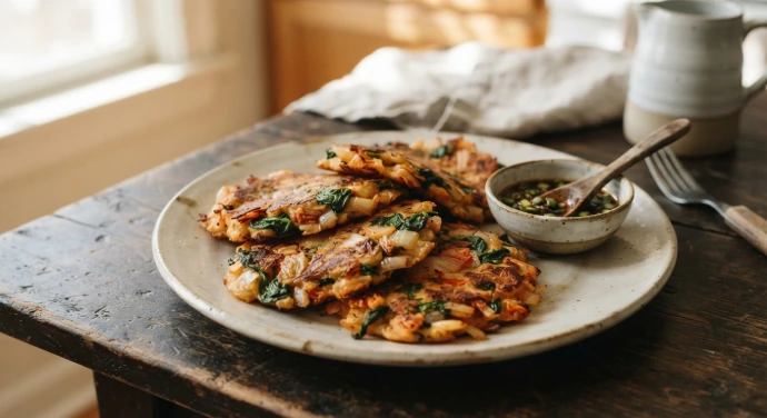 Kimchi-Pancakes mit sichtbar eingearbeitetem Kimchi und würzigem Dip auf einem rustikalen Teller