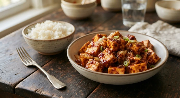 Gebratener Tofu mit Kimchi-Sauce, Reis und fermentiertem PANJANS Kimchi