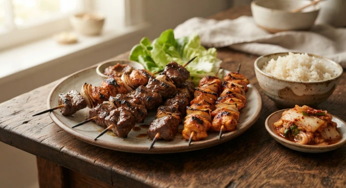 Koreanische Grillspieße mit Bulgogi-Marinade, Kimchi-Hähnchen, Reis und PANJANS Kimchi