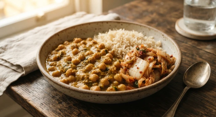 Kichererbsencurry mit Reis und PANJANS Kimchi als Beilage