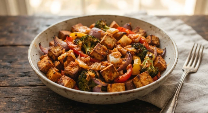 Geröstetes Ofengemüse mit Tofu, Kimchi-Sauce und fermentiertem PANJANS Kimchi