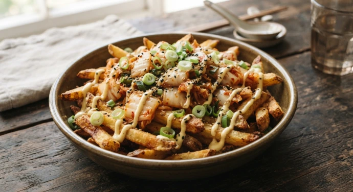 Knusprige Kimchi-Pommes mit Yuzu-Mayonnaise, Frühlingszwiebeln und geröstetem Sesam Knusprige Kimchi-Pommes mit Yuzu-Mayonnaise, Frühlingszwiebeln und geröstetem Sesam