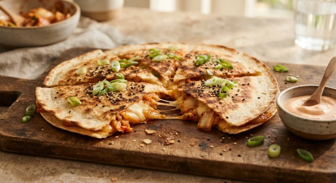 Knusprige Tortilla mit geschmolzenem Käse, PANJANS Kimchi und Frühlingszwiebeln Knusprige Tortilla mit geschmolzenem Käse, PANJANS Kimchi und Frühlingszwiebeln