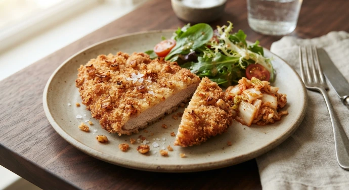 Knuspriges Kimchi-Schnitzel mit goldbrauner Panko-Panade und frischem Salat