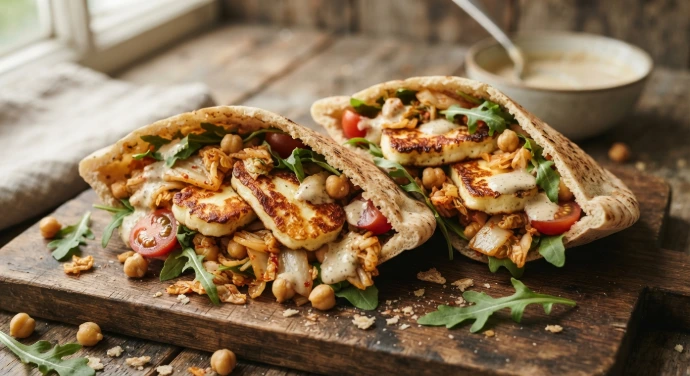 Gefülltes Pitabrot mit Halloumi, PANJANS Kimchi, Kichererbsen, Rucola und Tahini-Dressing