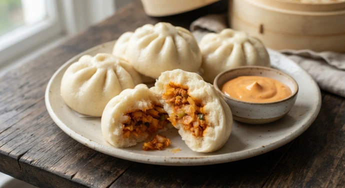 Gedämpfte Baozi mit würziger PANJANS Kimchi-Füllung und cremigem Kimchi-Dip Gedämpfte Baozi mit würziger PANJANS Kimchi-Füllung und cremigem Kimchi-Dip