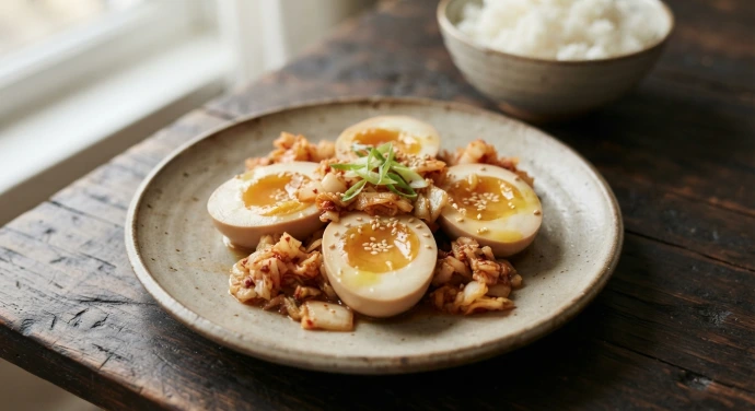 Halbierte Miso-Eier mit cremigem Eigelb, PANJANS Kimchi, Frühlingszwiebeln und SesamHalbierte Miso-Eier mit cremigem Eigelb, PANJANS Kimchi, Frühlingszwiebeln und Sesam