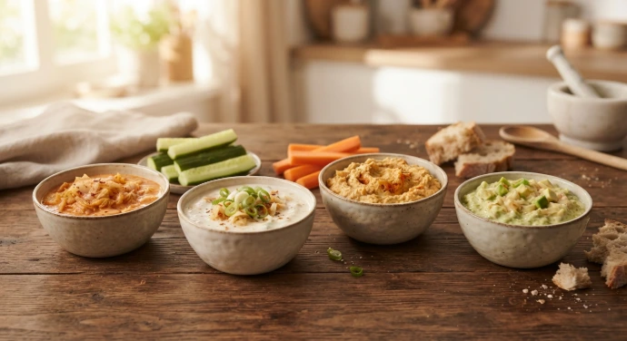 Vier cremige Kimchi-Dips mit PANJANS Kimchi in kleinen Schalen angerichtetVier cremige Kimchi-Dips mit PANJANS Kimchi in kleinen Schalen angerichtet