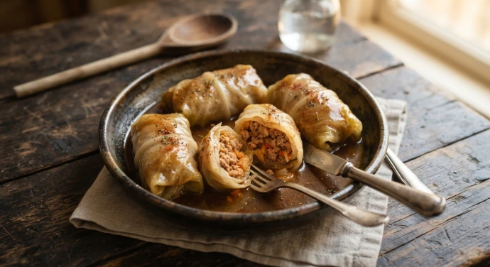 Kohlrouladen aus Weißkohl mit Hackfleisch-Kimchi-Füllung und brauner Sauce