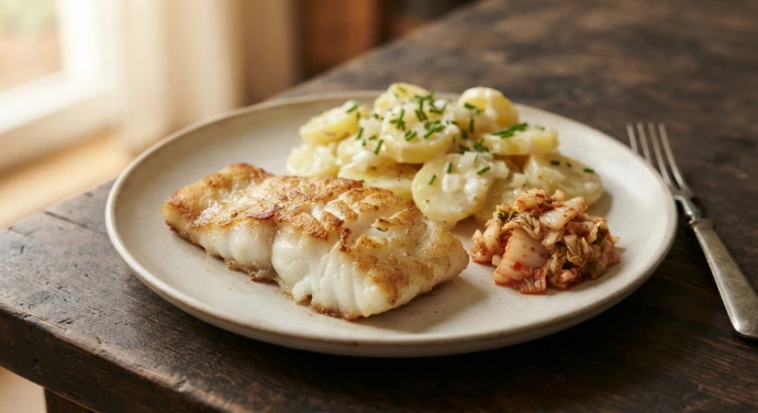 Pannfisch mit knusprigem Fischfilet, cremigem Kartoffelsalat und PANJANS Kimchi