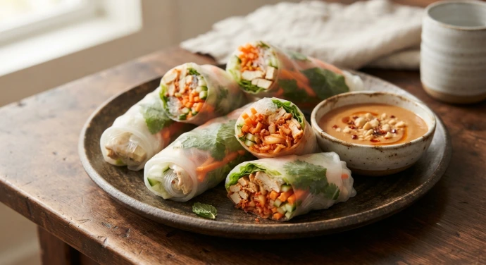 Vietnamesische Kimchi-Summerrolls mit frischem Gemüse, Kräutern, Hähnchen und Erdnuss-Dip