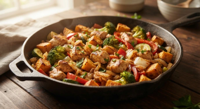 Fitness-Pfanne mit saftigem Hähnchen, gerösteten Süßkartoffeln, Brokkoli, Paprika, Zucchini und PANJANS Kimchi in einer rustikalen Gusseisenpfanne, frisch gekocht und servierfertig.